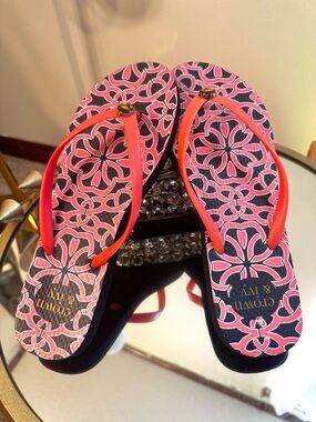 Women’s Navy Blue and Coral Patterned Flip Flops with Coral Straps, Crab Buttons